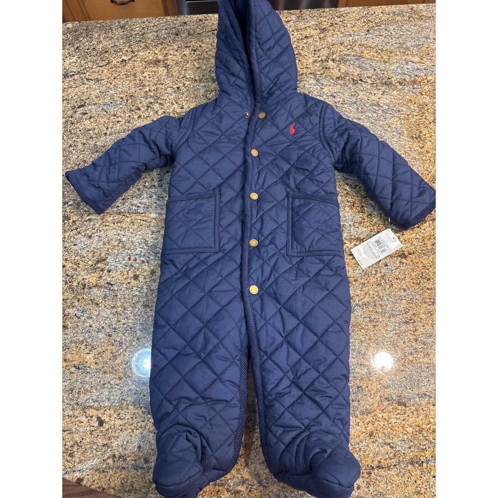 NWT Ralph Lauren Navy Quilted Bunting Hooded Snowsuit Fleece Lined Infant 9M